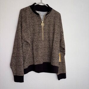 Michael Kors Leopard Print Quarter Zip Pullover Sweatshirt Women's XL
